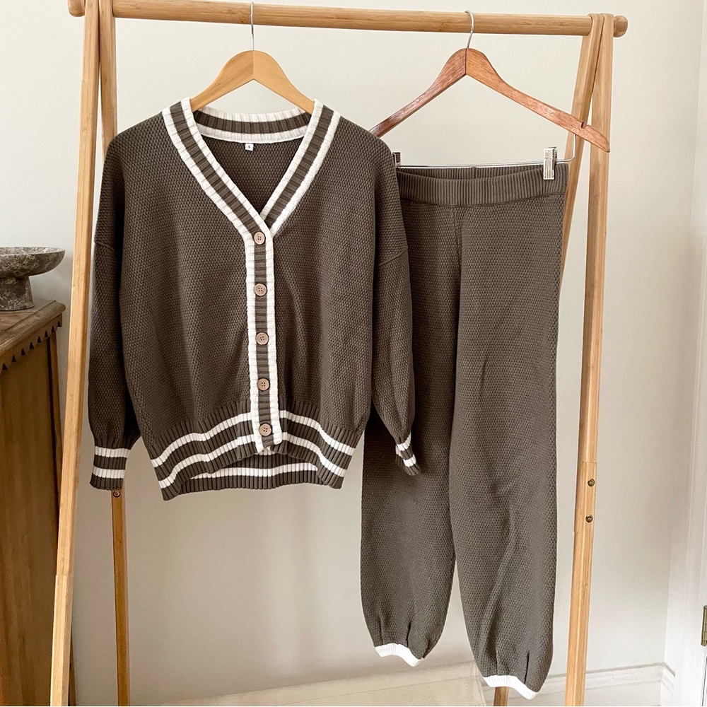 Varsity Striped Cardigan and Joggers Knit Set in Khaki Green - S
